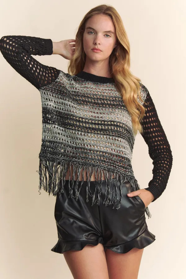 wholesale clothing round neck long sleeve fringe hem sweater top hersmine