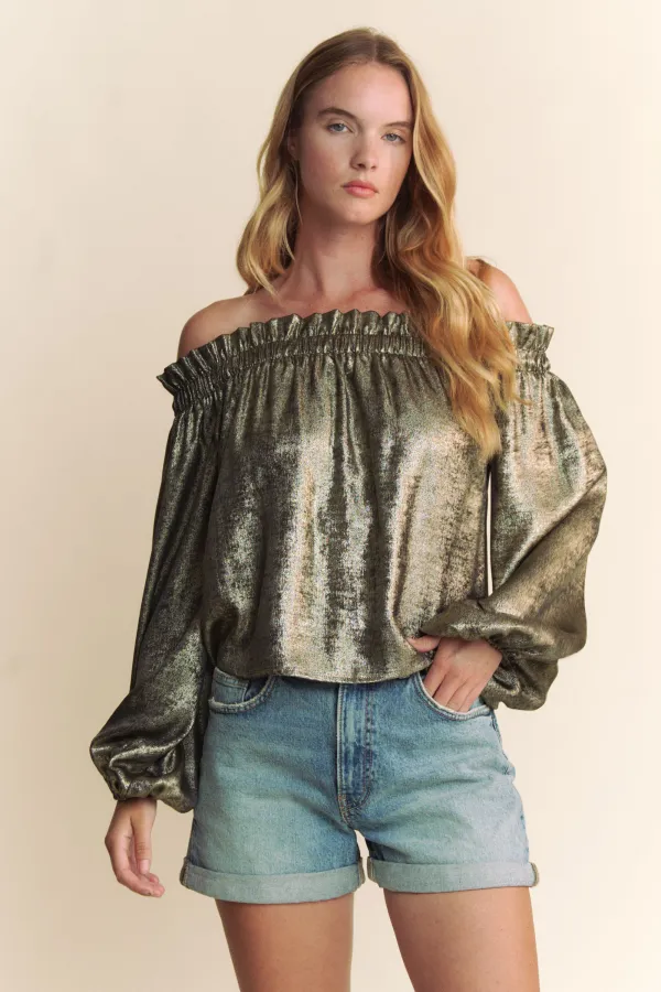 wholesale clothing foiled off shoulder top hersmine