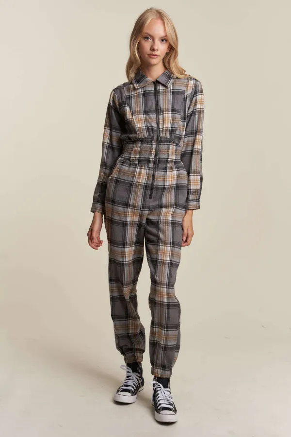 wholesale clothing plaid zipper down smocked waist jumpsuit hersmine