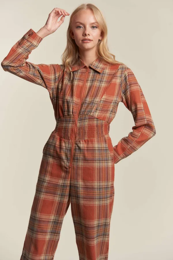 wholesale PLAID ZIPPER DOWN SMOCKED WAIST JUMPSUIT hersmine