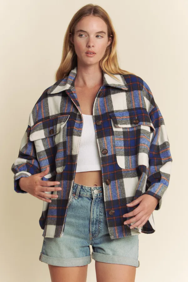 wholesale clothing brushed plaid button down pocket jacket w/longslv hersmine