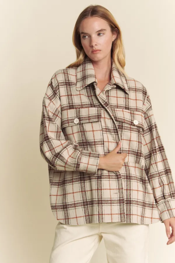 wholesale BUTTON DOWN LONG SLEEVE PLAID JACKET WITH POCKETS hersmine