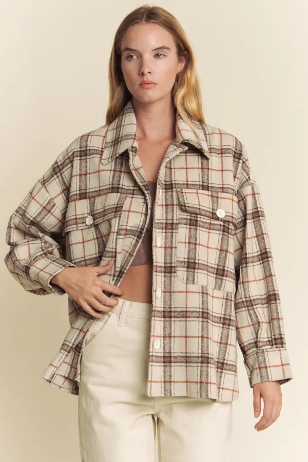 wholesale clothing button down long sleeve plaid jacket with pockets hersmine