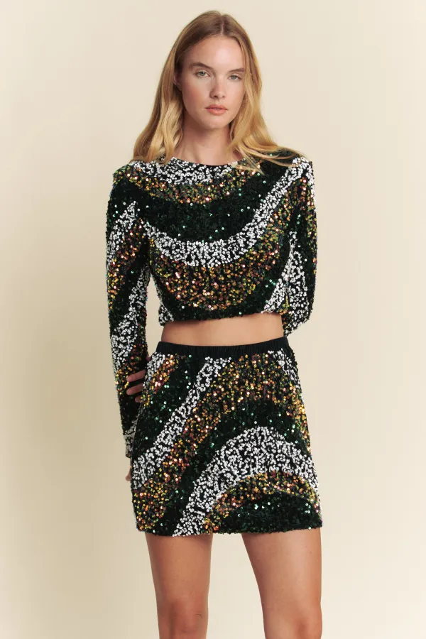 wholesale clothing sequin power shoulder top with matching skirt set hersmine