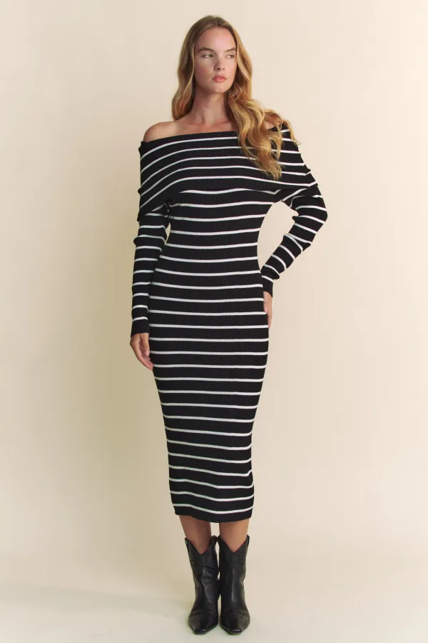 wholesale clothing off shoulder striped midi dress hersmine