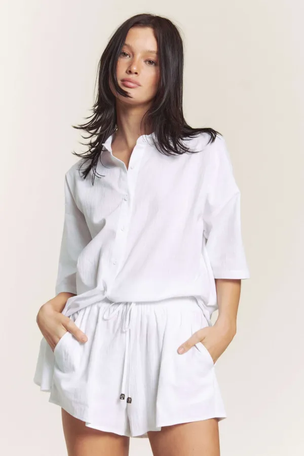 wholesale clothing linen button down shirt with matching shorts set hersmine