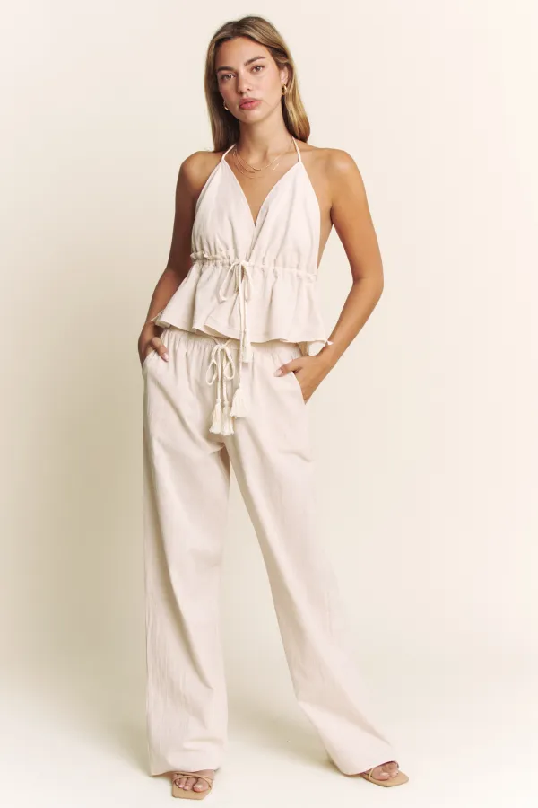 wholesale clothing linen halter open back top with long pants set hersmine