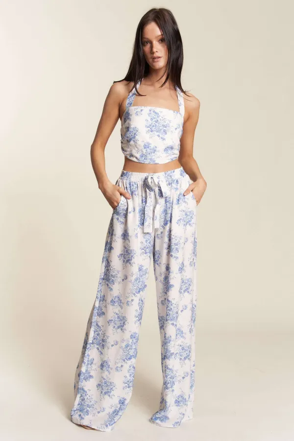 wholesale clothing floral print halter crop top with pants set hersmine