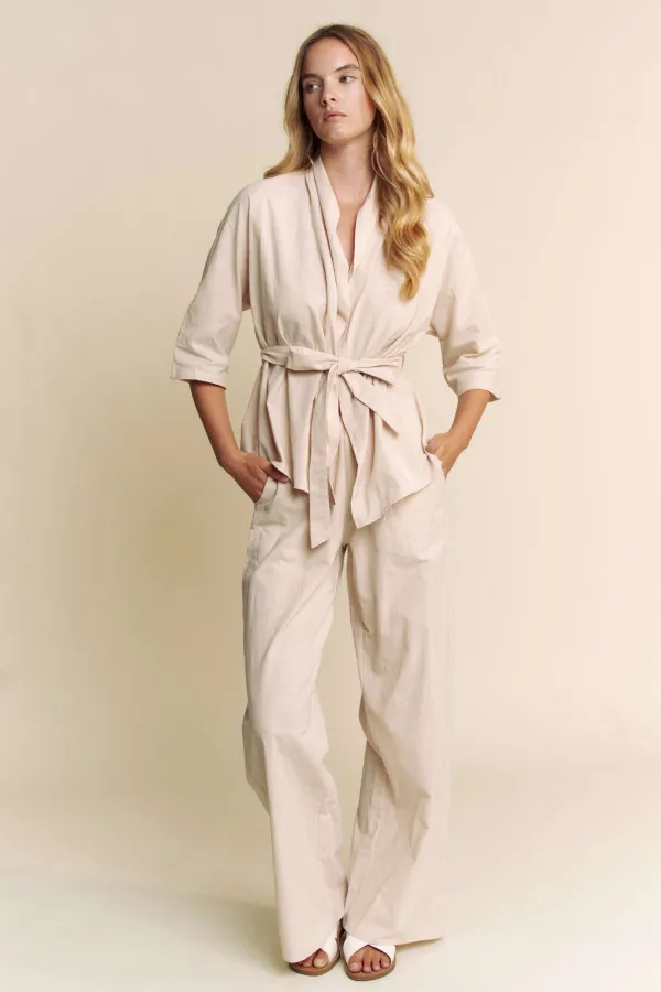 wholesale LINEN TIE BELT OPEN CARDIGAN WITH PANTS SET hersmine