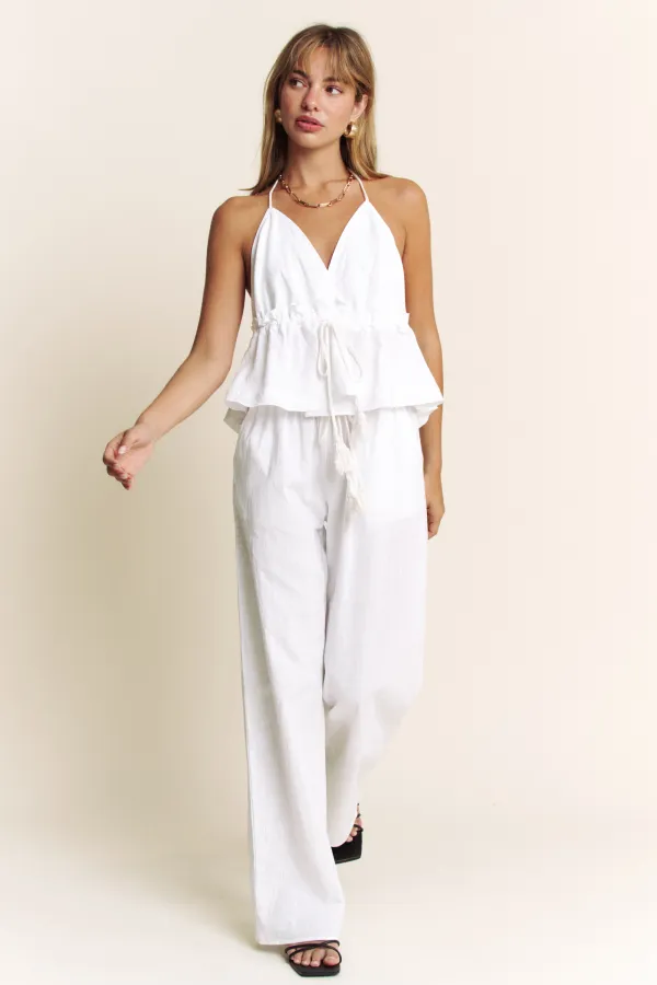 wholesale clothing linen halter open back top with long pants set hersmine