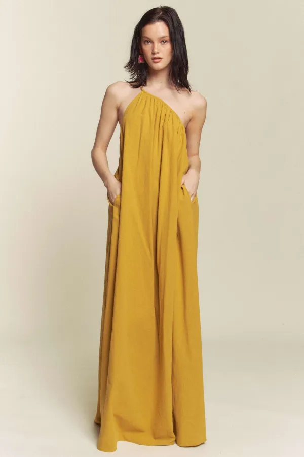 wholesale clothing linen one shoulder maxi dress hersmine