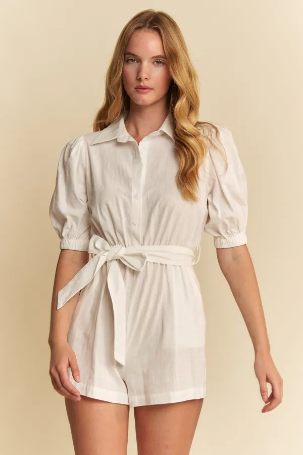 wholesale LINEN BUTTON DOWN BUBBLE SLV TIE WAIST ROMPER hersmine