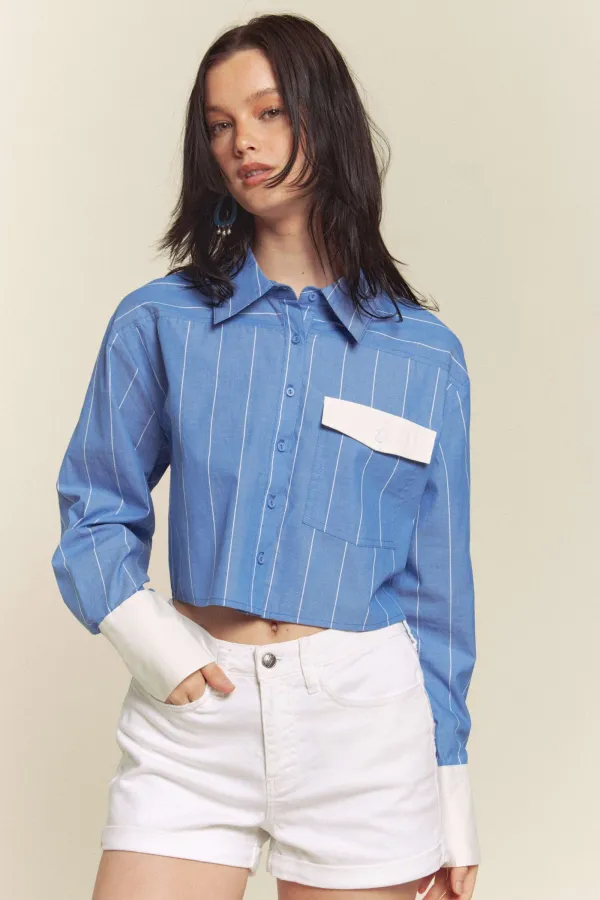 wholesale clothing striped button down shirt with contrast pocket hersmine