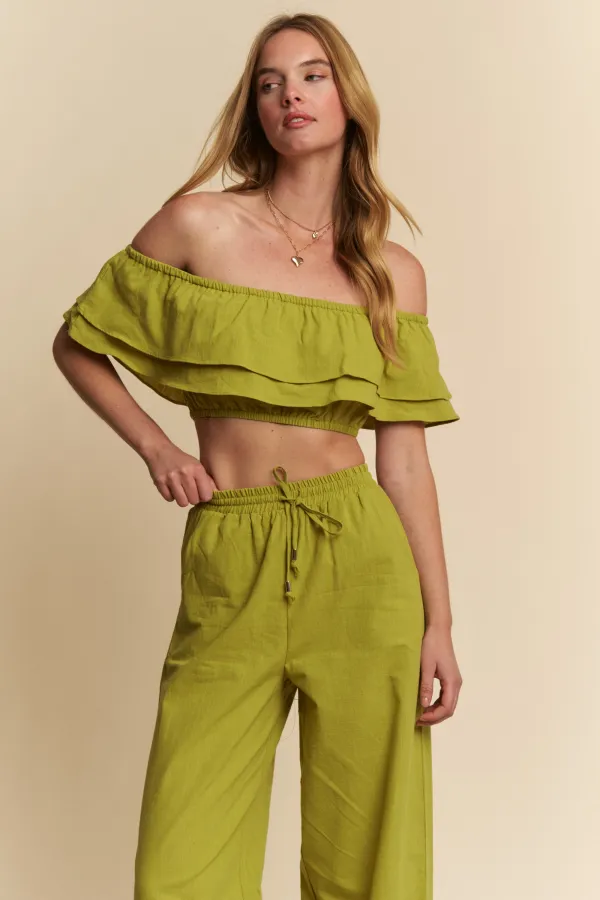 wholesale OFF SHOULDER LINEN TOP WITH MATCHING PANTS SET hersmine