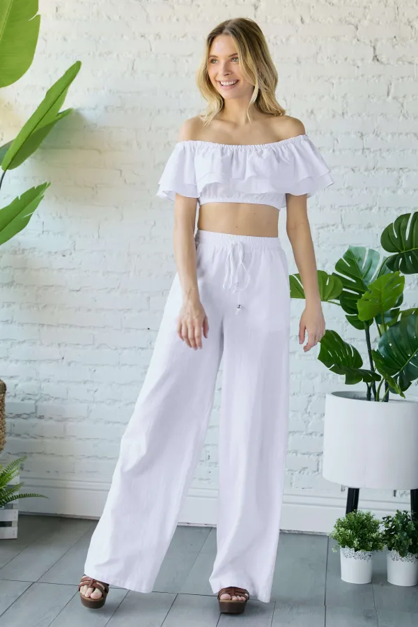 wholesale clothing off shoulder linen top with matching pants set hersmine