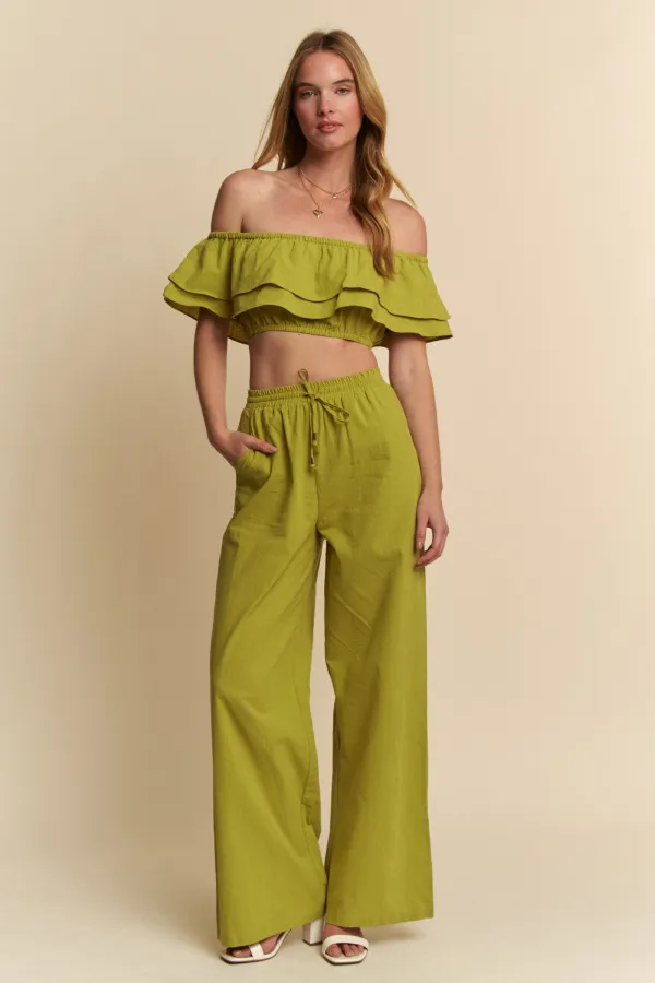 wholesale clothing off shoulder linen top with matching pants set hersmine