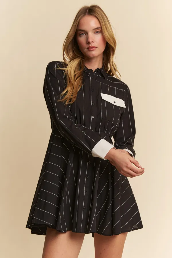 wholesale STRIPED BUTTON DOWN CONTRAST SLV HEM DRESS hersmine