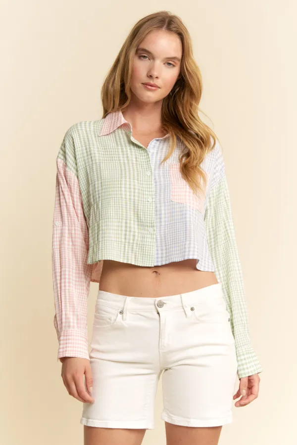 wholesale clothing gingham button down multi colorblock shirt hersmine
